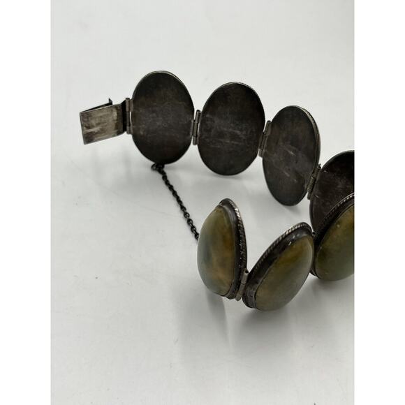 Navajo Mexico Sterling Silver Green Cabochon Domed Safety Chain Bracelet 125 gm - Picture 6 of 8